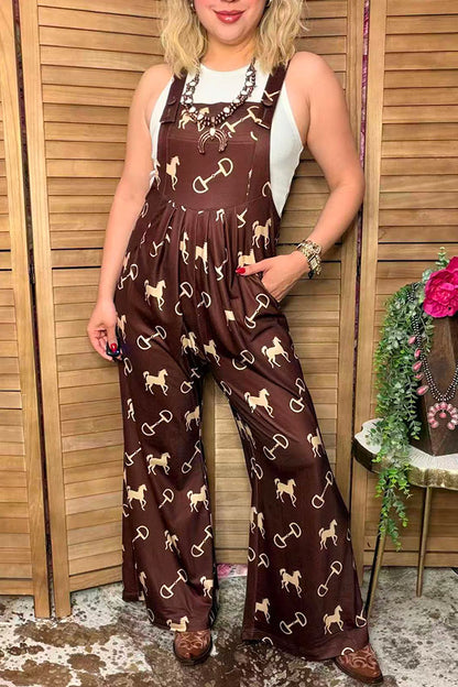 Western chic horse & stirrup print wide leg women boutique overall jumpsuit XCH17192