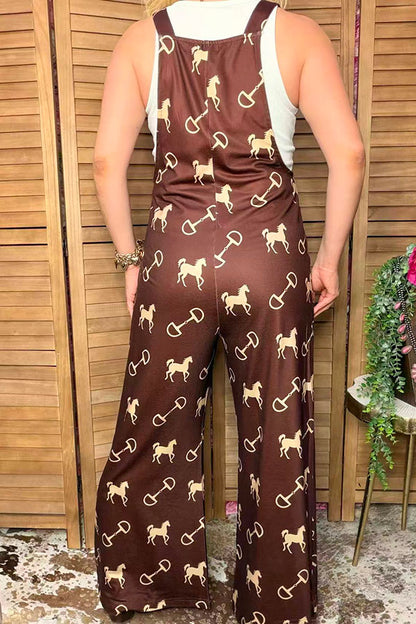 Western chic horse & stirrup print wide leg women boutique overall jumpsuit XCH17192