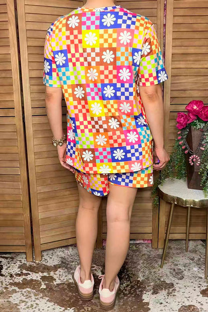 Western patchwork checkered top & shorts women's boutique set GJQ17239