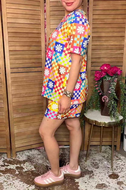 Western patchwork checkered top & shorts women's boutique set GJQ17239