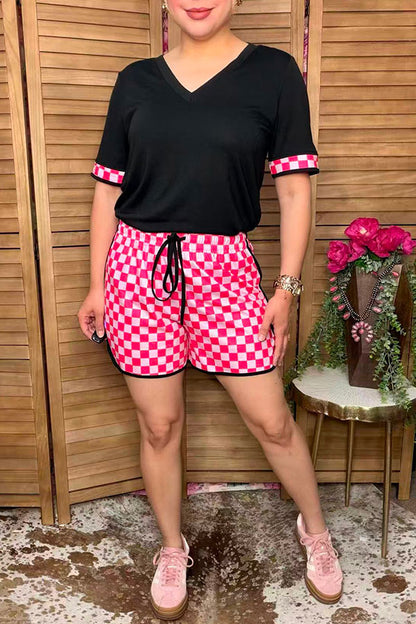 Western chic black top pink checkered shorts women's boutique set XCH17154