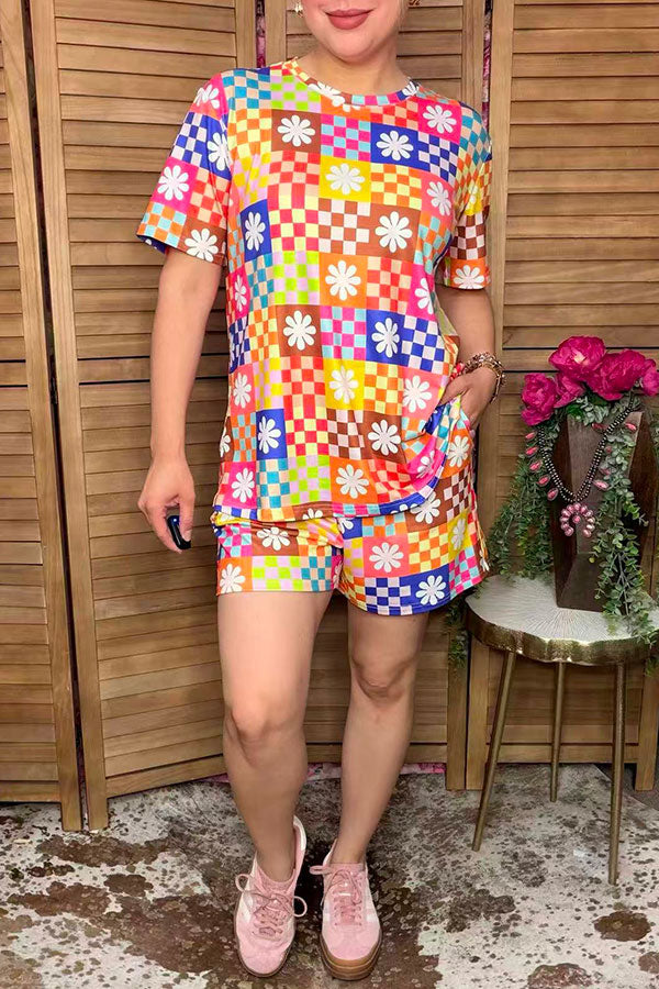 Western patchwork checkered top & shorts women's boutique set GJQ17239