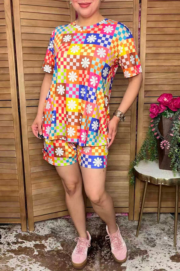 Western patchwork checkered top & shorts women's boutique set GJQ17239