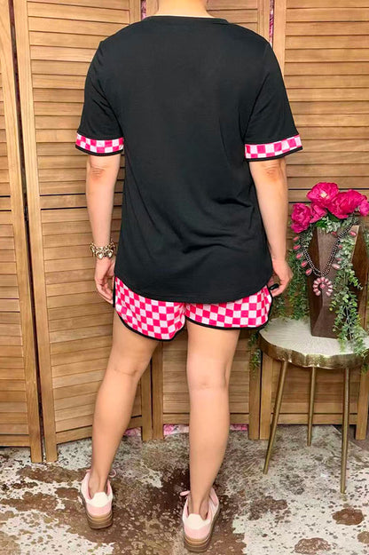 Western chic black top pink checkered shorts women's boutique set XCH17154