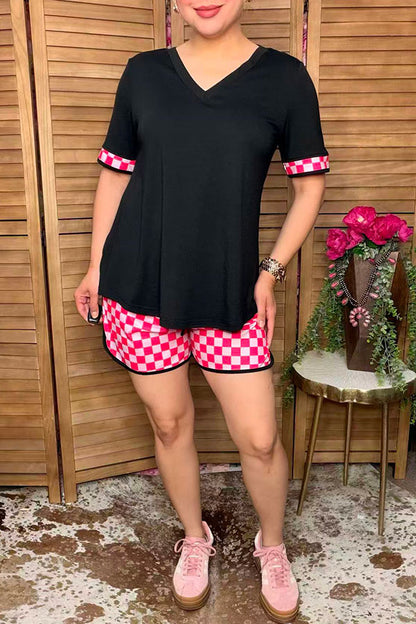 Western chic black top pink checkered shorts women's boutique set XCH17154