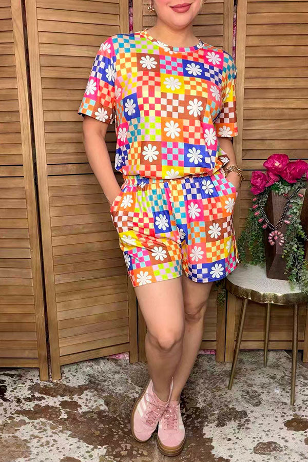 Western patchwork checkered top & shorts women's boutique set GJQ17239