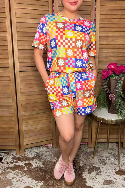 Western patchwork checkered top & shorts women's boutique set GJQ17239