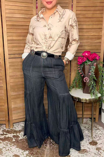 Western denim jeans wide-leg tiered ruffle women's boutique pant Soutern Stitch XCH17096