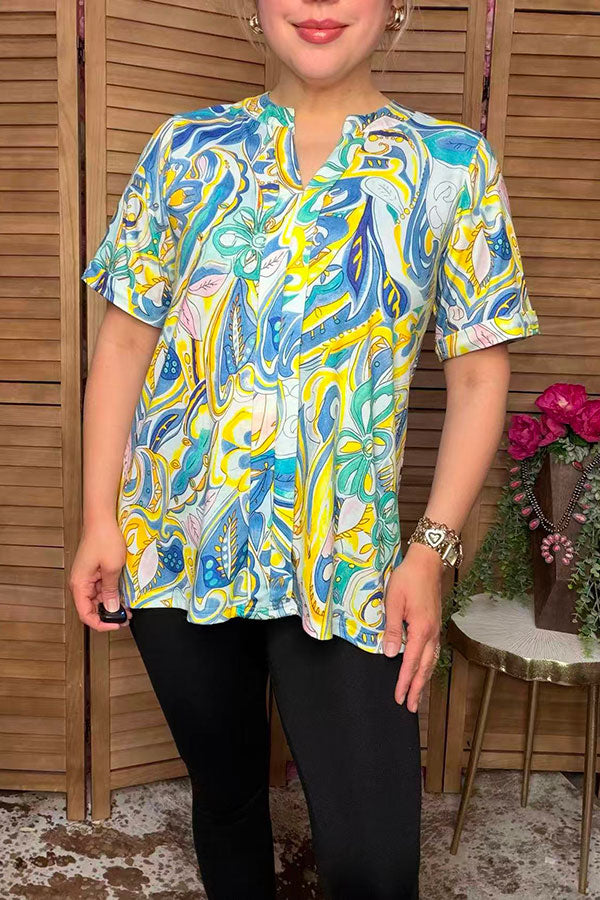 Western yellow & blue floral printed short sleeve women blouse BQ16262