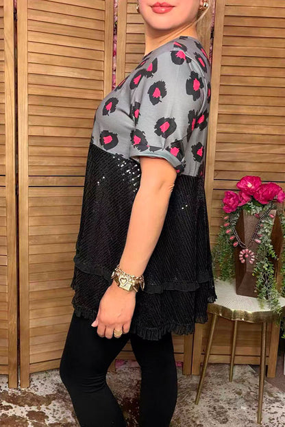 Western leopard printed & black sequin women's boutique top Southern Stitch XCH15731