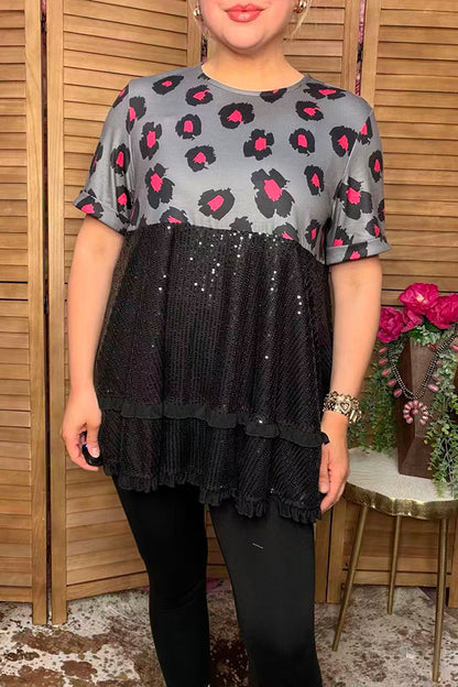 Western leopard printed & black sequin women's boutique top Southern Stitch XCH15731
