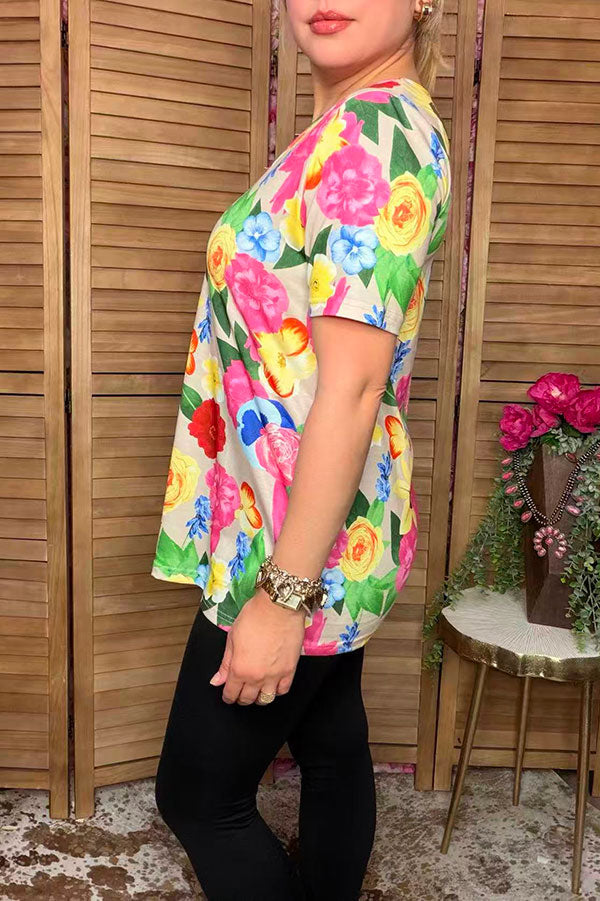 Chic floral criss cross short sleeve women's boutique top Southern Stitch GJQ13974