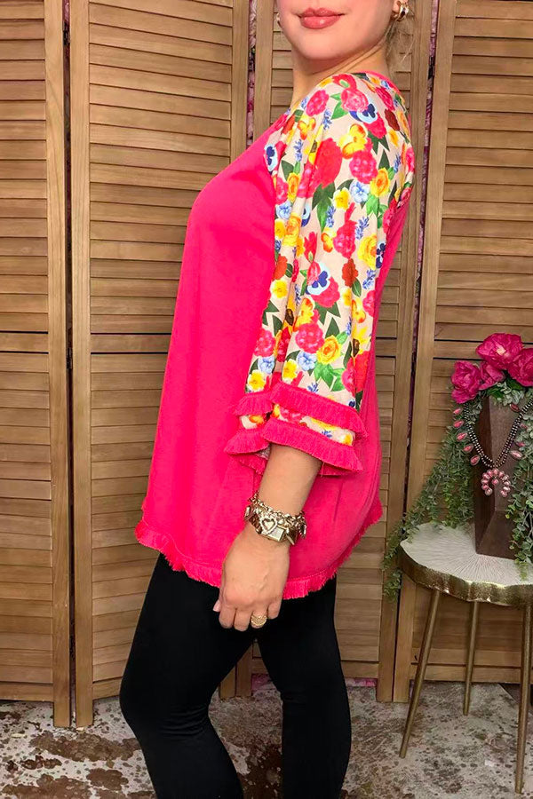 Trendy floral print 3/4 tassels raglan sleeves women's boutique top GJQ15231