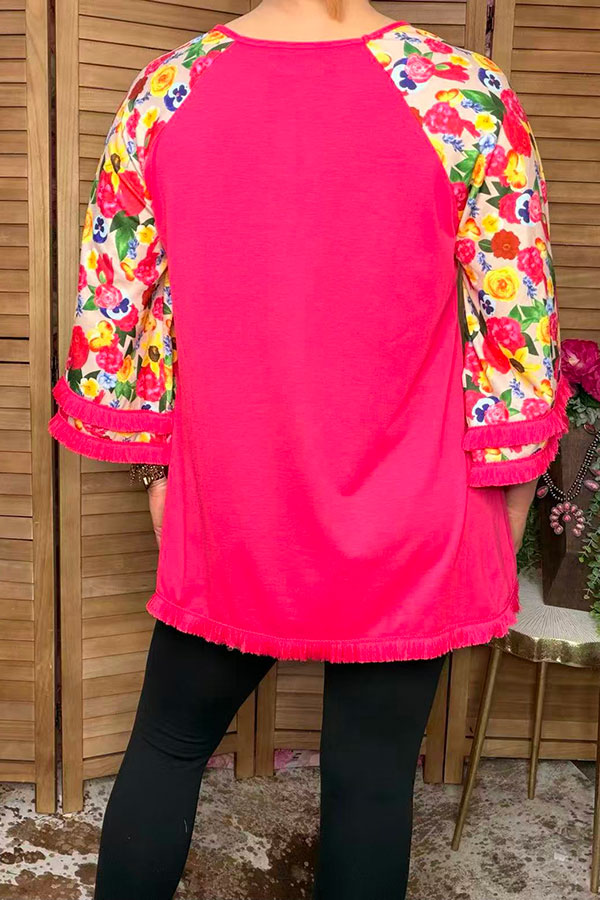 Trendy floral print 3/4 tassels raglan sleeves women's boutique top GJQ15231