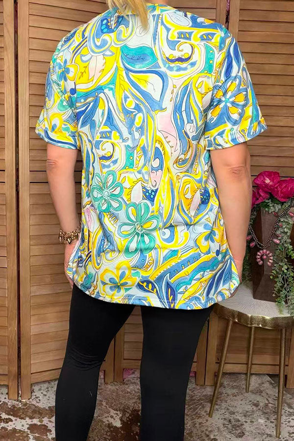 Western yellow & blue floral printed short sleeve women blouse BQ16262