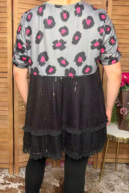 Western leopard printed & black sequin women's boutique top Southern Stitch XCH15731