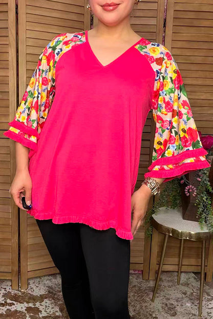 Trendy floral print 3/4 tassels raglan sleeves women's boutique top GJQ15231
