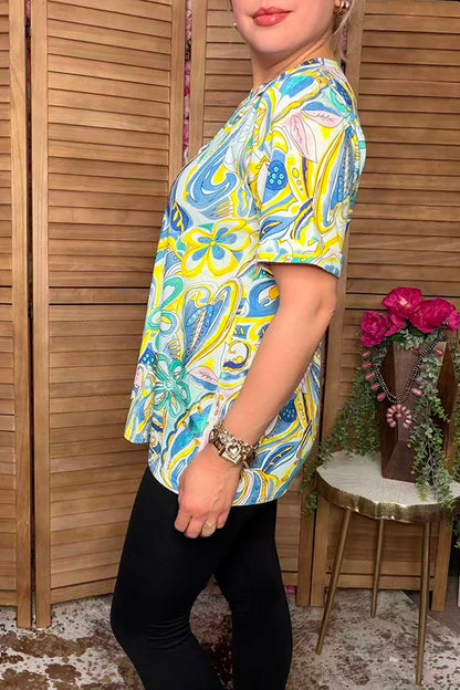 Western yellow & blue floral printed short sleeve women blouse BQ16262