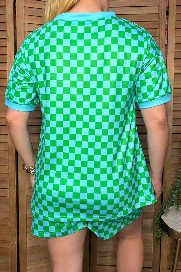 Western turquoise/mint checkered top & shorts boutique women's set Southern Stitch XCH17215
