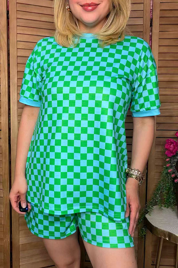 Western turquoise/mint checkered top & shorts boutique women's set Southern Stitch XCH17215