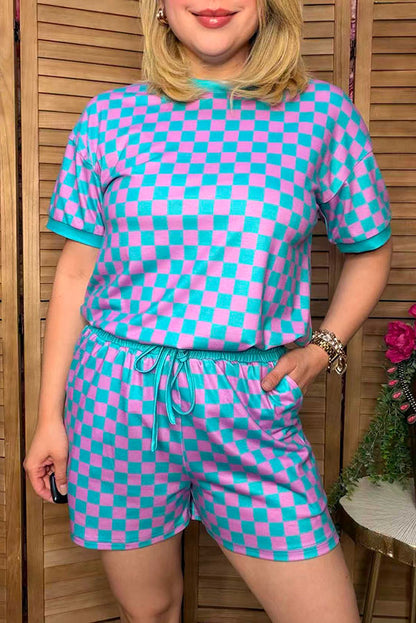 Western turquoise/pink checkered top & shorts women's boutique set Southern Stitch XCH17217