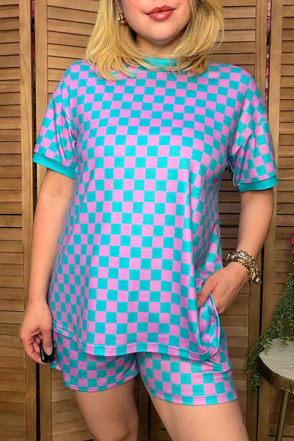 Western turquoise/pink checkered top & shorts women's boutique set Southern Stitch XCH17217