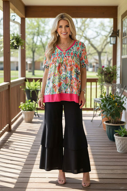Western paisley & aztec print short sleeve women's boutique top XCH15205