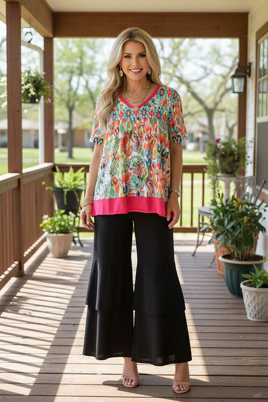 Western paisley & aztec print short sleeve women's boutique top XCH15205