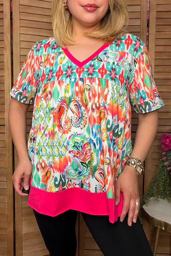 Western paisley & aztec print short sleeve women's boutique top XCH15205