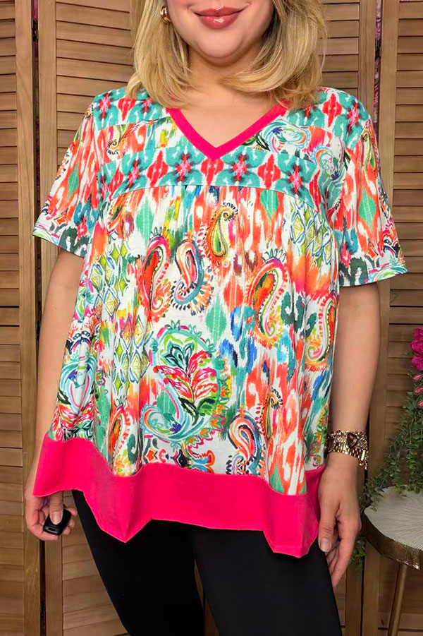 Western paisley & aztec print short sleeve women's boutique top XCH15205