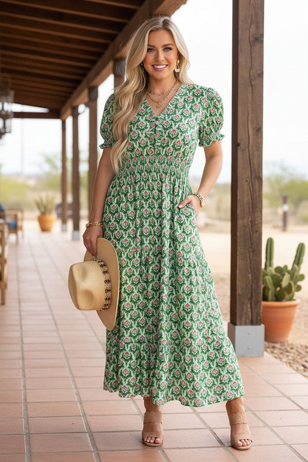 Trendy floral smocked boutique midi women's dress Southern Stitch GJQ17184