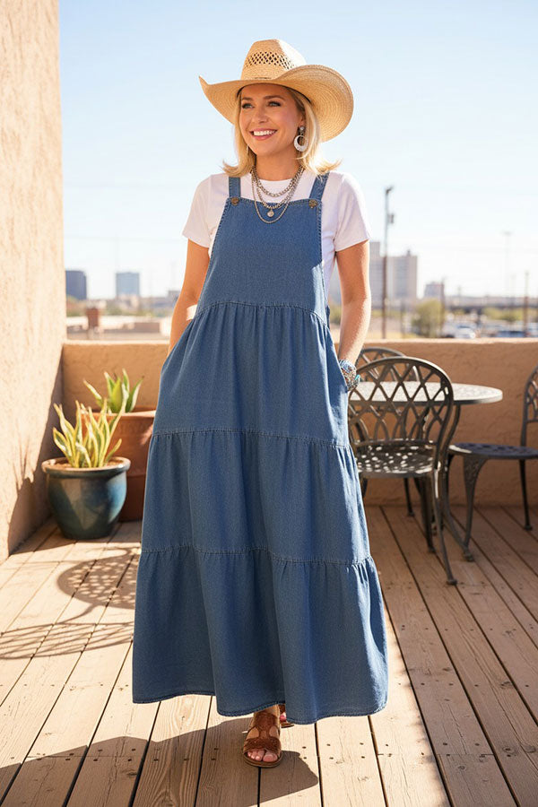Western cotton denim women's boutique overall maxi dress Southern Stitch XCH17221