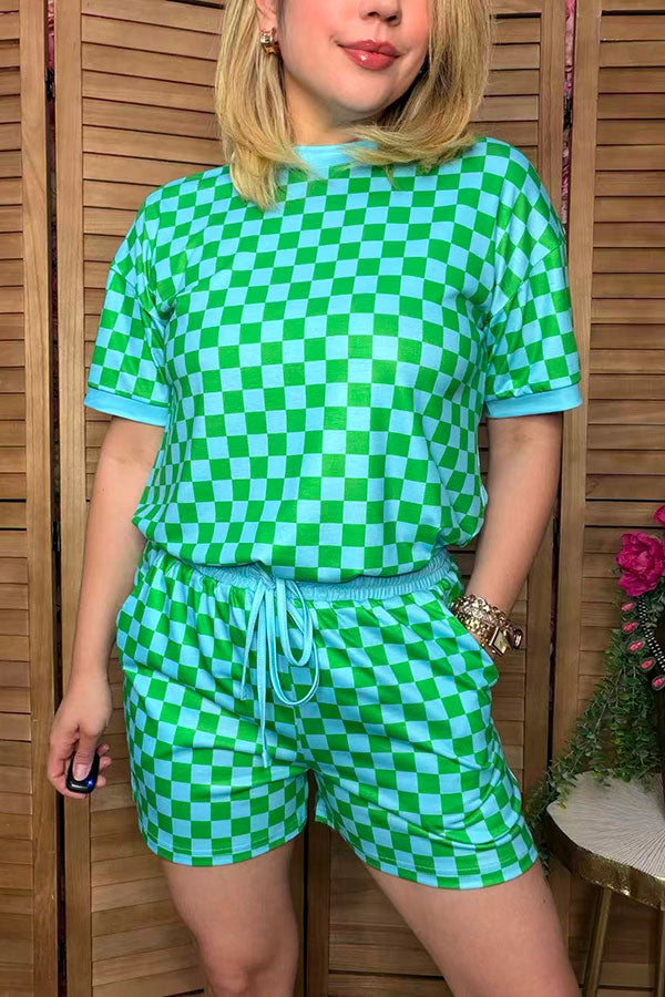 Western turquoise/mint checkered top & shorts boutique women's set Southern Stitch XCH17215