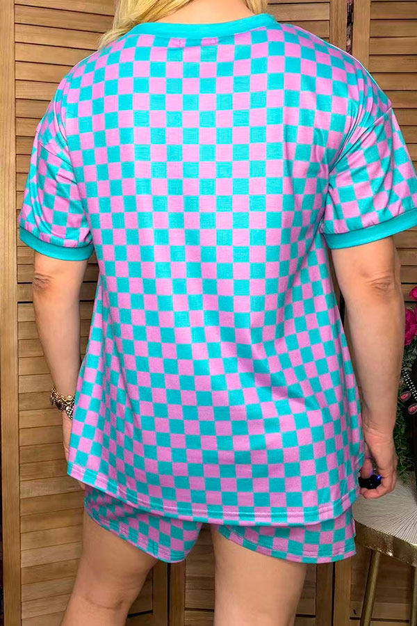 Western turquoise/pink checkered top & shorts women's boutique set Southern Stitch XCH17217