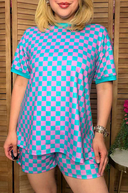Western turquoise/pink checkered top & shorts women's boutique set Southern Stitch XCH17217