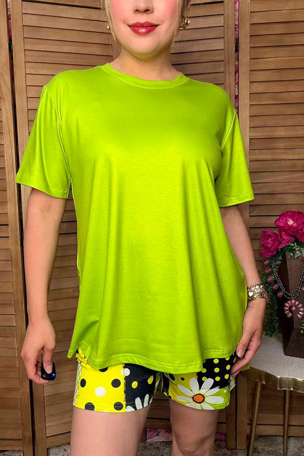 Western lime green top & daisy patchwork shorts women's boutique set Southern Stitch GJQ17236