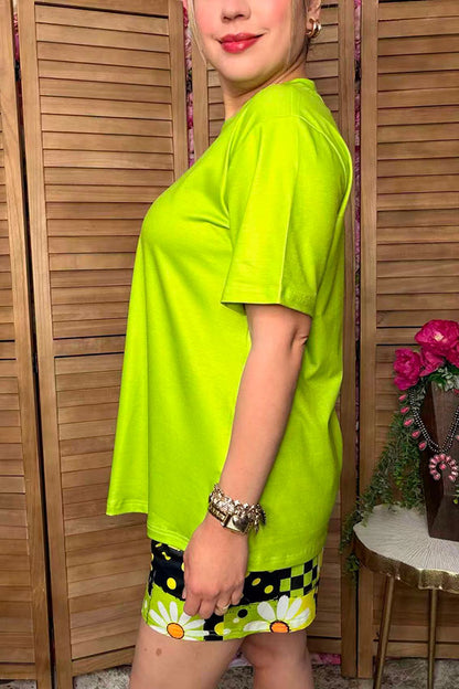 Western lime green top & daisy patchwork shorts women's boutique set Southern Stitch GJQ17236