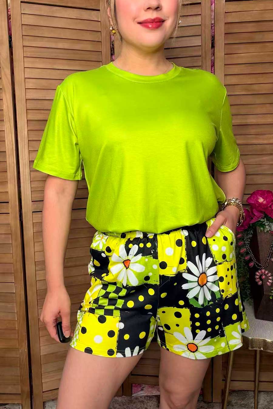 Western lime green top & daisy patchwork shorts women's boutique set Southern Stitch GJQ17236