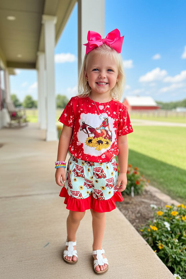 Western rodeo top & turquoise print shorts 2pcs girls boutique sets 12184MZ