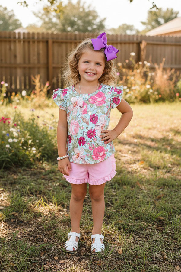 Chic Floral printed top pink shorts 2pc girl boutique set DLH1215-15