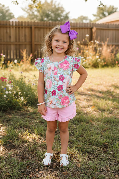 Chic Floral printed top pink shorts 2pc girl boutique set DLH1215-15