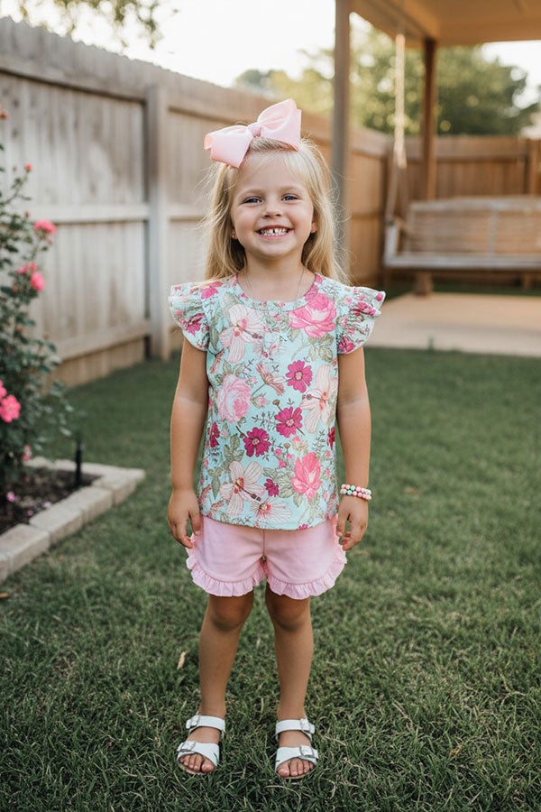 Chic Floral printed top pink shorts 2pc girl boutique set DLH1215-15
