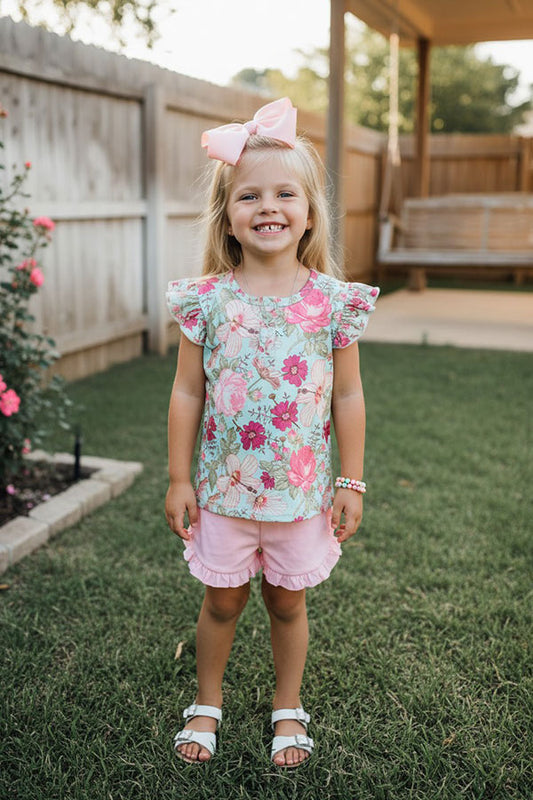 Chic Floral printed top pink shorts 2pc girl boutique set DLH1215-15