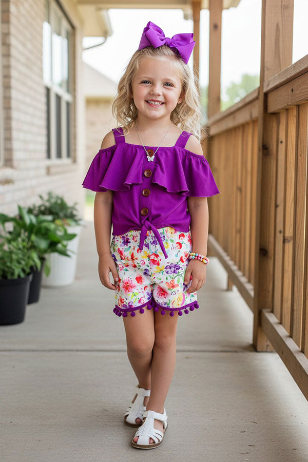 Trendy Purple top & floral printed shorts 2pc girl boutique set DLH2353