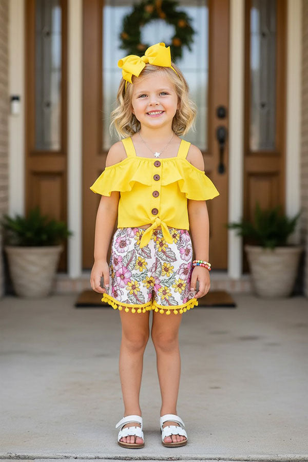 Chic yellow top & floral shorts 2pc girls boutique set DLH2354