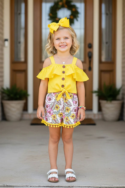 Chic yellow top & floral shorts 2pc girls boutique set DLH2354
