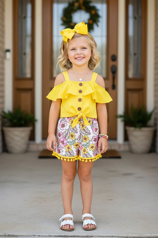 Chic yellow top & floral shorts 2pc girls boutique set DLH2354