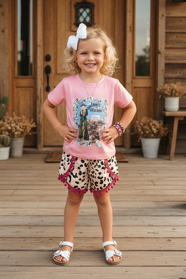 Western leopard pink top & pompoms shorts girls boutique sets DLH2760