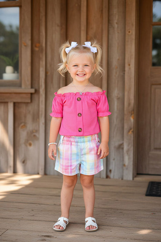 Chic Pink ribbed knitted fabric top & plaid shorts girls boutique sets DLH2867