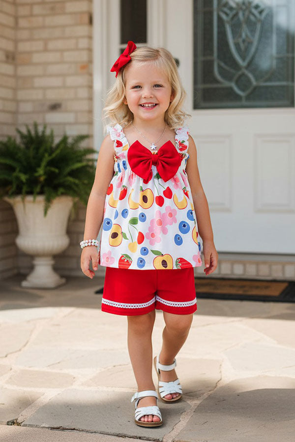 Chic Girls boutique sets Flower & fruit prints top & red shorts 2pc kids sets DLH2878